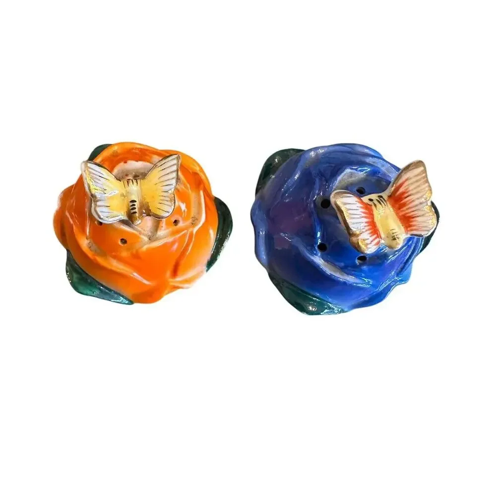 Vintage Salt And Pepper Shaker Flower Buds with Butterflies Stem Pockets RARE
